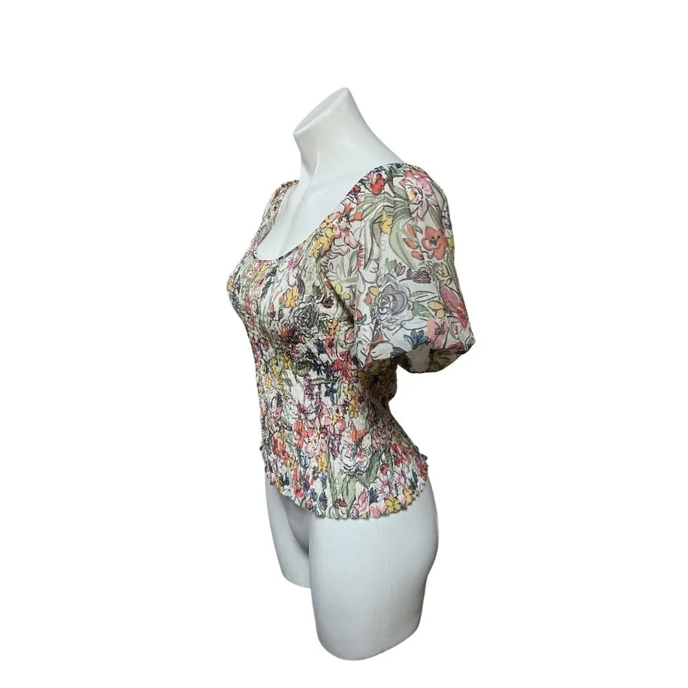 By Anthropologie Aurelia Floral Smocked Mesh Net Top Small Puff Sleeve